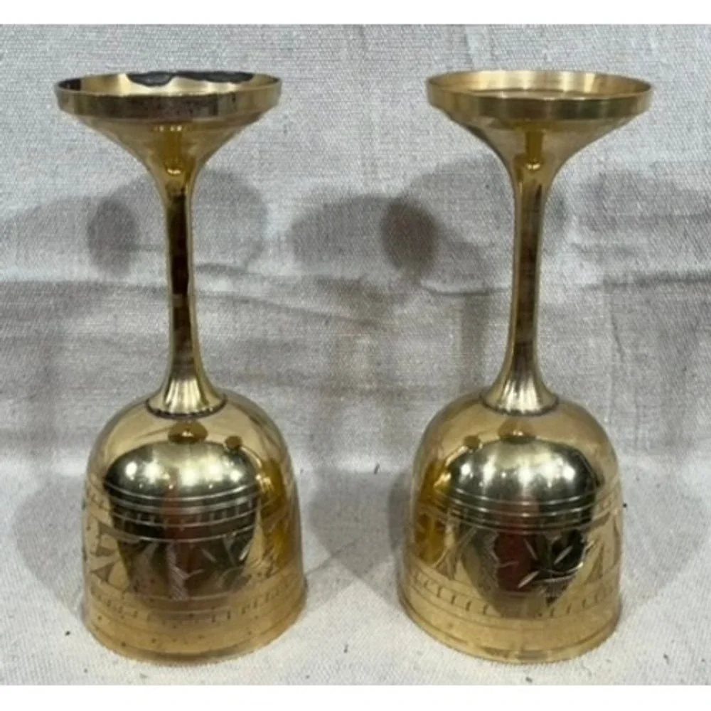 Vintage Etched Brass Goblets Set of 2 Floral Chalice Wine Cups 6.5in